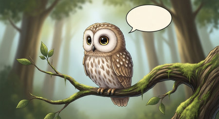 Cartoon owl sitting on a branch in the forest with speech bubbleの素材