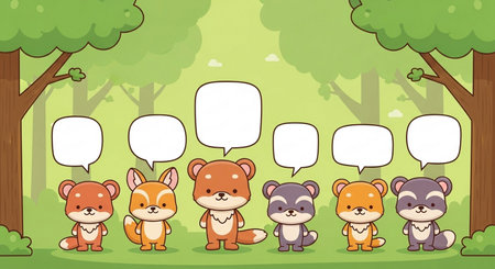 cute little animals with speech bubbles in the forest vector illustration designの素材