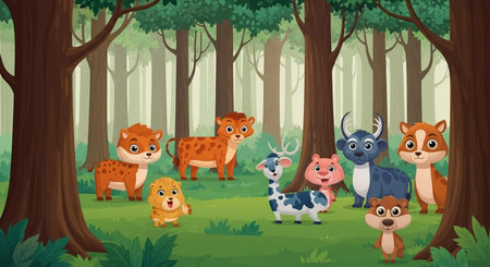 Cartoon wild animals in the forest. Vector illustration for children.の素材