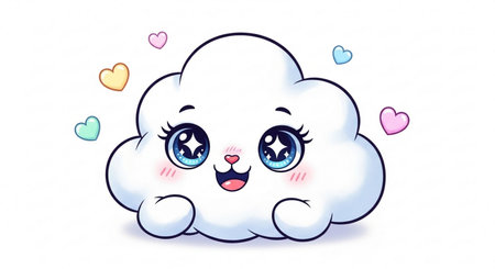Cute cartoon cloud with hearts on white background. Vector illustration.の素材