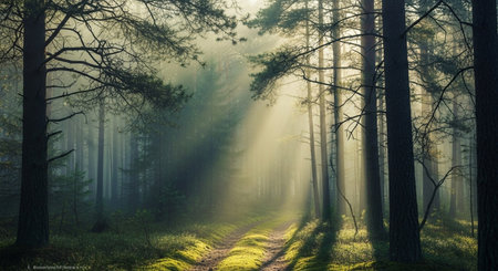 Foggy morning in the forest. Panoramic image.の素材