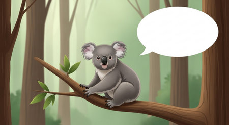 Illustration of a koala sitting on a tree with an empty speech bubbleの素材