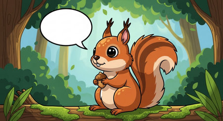 Illustration of a little squirrel in the forest with a speech bubbleの素材