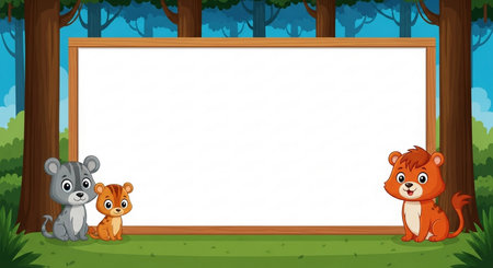 Border template design with wild animals in the forest illustration. EPS10の素材