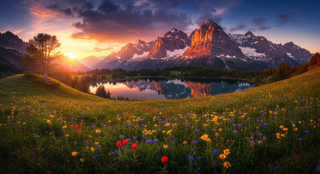 Majestic sunset in the alpine meadow. Dramatic overcast sky. Beauty world.の素材