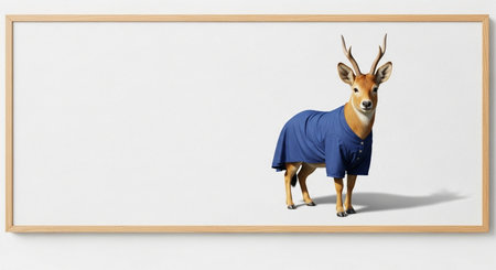 3d rendering of a deer wearing a blue jacket standing in front of a whiteboardの素材