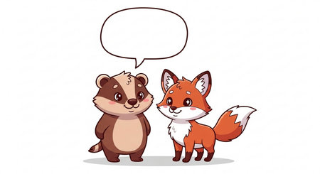 Cute fox and chipmunk with speech bubble on white backgroundの素材