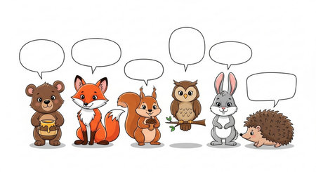Cartoon animals with speech bubbles. Vector illustration of forest animals.の素材