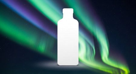 Illustration of a bottle of water against the background of the northern lightsの素材