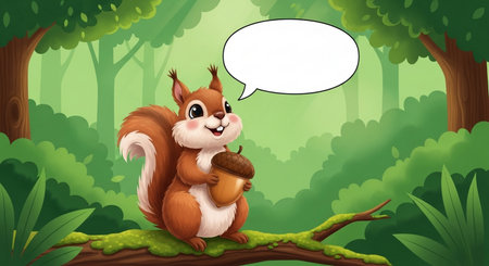 Squirrel holding acorn in the forest with speech bubble illustration.の素材