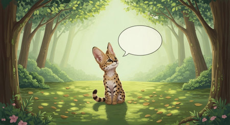 Illustration of a wild cat sitting in the forest with a speech bubbleの素材