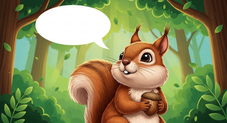 Illustration of a squirrel in the forest with an empty speech bubbleの素材