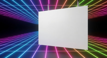 3D rendering of a white billboard on a dark background with neon lightsの素材