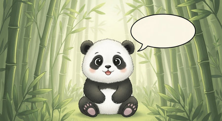 cute panda sitting in bamboo forest with speech bubble, illustrationの素材