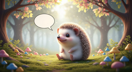 Cute hedgehog in the forest with speech bubble. 3D renderingの素材