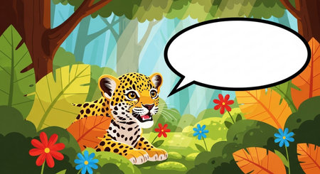 Leopard sitting in the jungle with speech bubble. Vector illustration.の素材