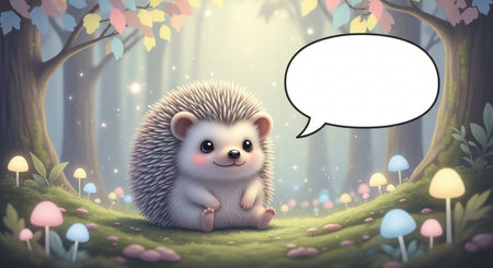 Hedgehog in the forest with speech bubble, 3d illustrationの素材