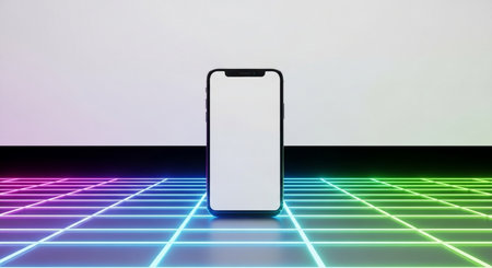 Smartphone mockup with blank screen on abstract background. 3D Renderingの素材