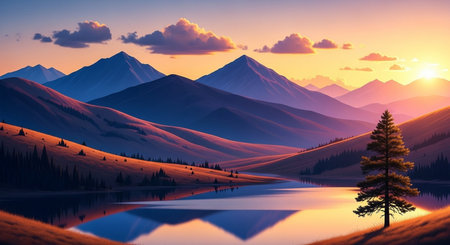 Mountain lake at sunset. Beautiful nature landscape. Mountain lake at sunset.の素材