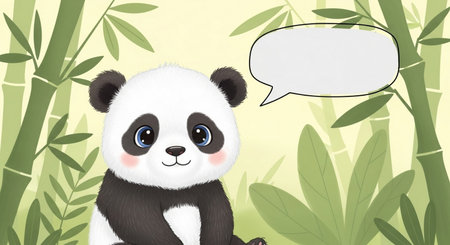 Cute cartoon panda sitting in bamboo forest with speech bubble.の素材