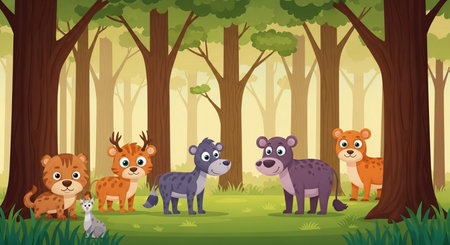 Group of wild animals in the forest. Vector flat cartoon illustration.の素材