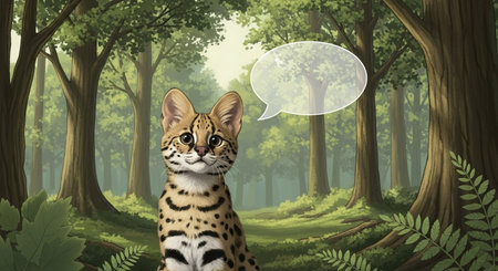 Bengal cat in the forest with speech bubble, illustration.の素材
