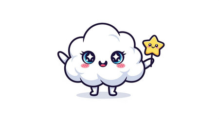 Cute cloud with star character. Vector cartoon illustration. Isolated on white background.の素材
