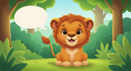 Cute lion sitting in the jungle with speech bubble. Vector illustrationの素材