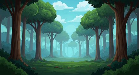 Forest landscape with trees and meadow. Vector illustration in cartoon styleの素材