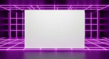 Abstract purple background with neon lights and a white frame. 3d renderingの素材