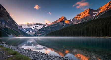 Lake Louise at sunrise, Banff National Park, Alberta, Canadaの素材