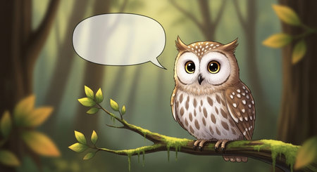 Illustration of an owl on a branch in the forest with speech bubbleの素材