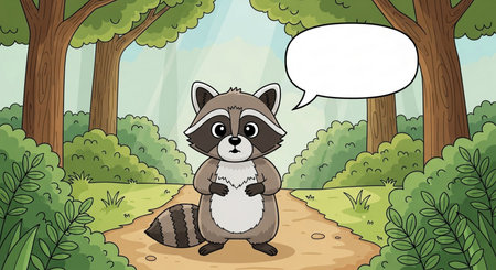 Cute raccoon cartoon in the forest with speech bubble illustration.の素材
