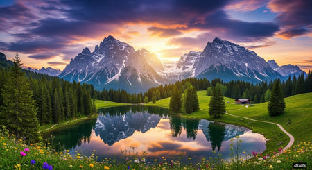 Panoramic view of famous Dolomites mountain lake at sunrise, Italyの素材