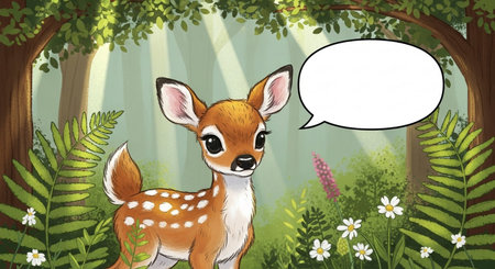 Illustration of a fawn in the forest with a speech bubbleの素材