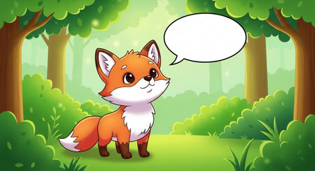 Illustration of a little fox in the forest with a speech bubbleの素材
