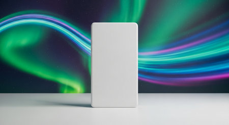 Blank white box on white table with colorful abstract background. 3D renderingの素材