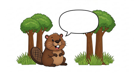 Beaver sitting in the grass and speech bubble. Vector illustration.の素材
