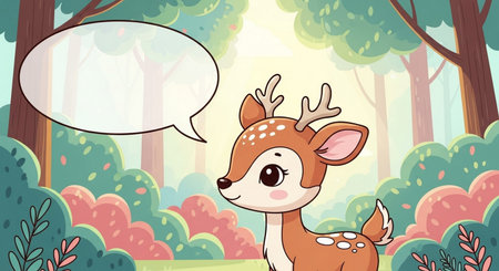 Cute cartoon deer in the forest with speech bubble. Vector illustration.の素材