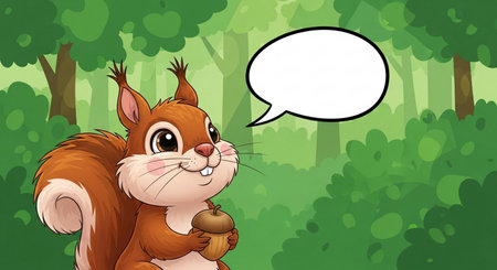 Illustration of a squirrel holding an acorn with a speech bubbleの素材