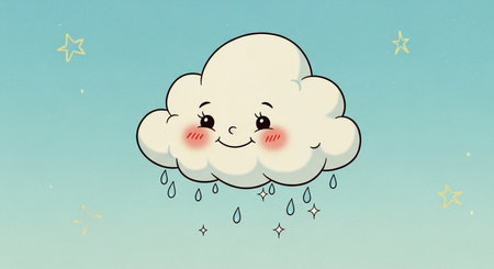 Cute kawaii cloud with rain on blue sky background.の素材