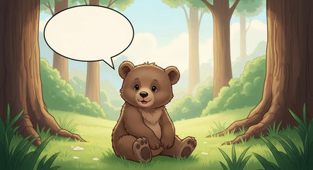 Illustration of a brown bear sitting in the forest with a speech bubbleの素材