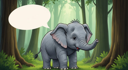 Elephant in the jungle with speech bubble. Cartoon vector illustration.の素材