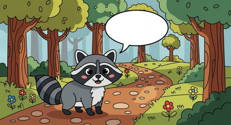 Raccoon in the forest with speech bubble. Vector illustration.の素材