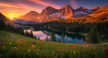 Sunset at lake in Banff National Park, Alberta, Canadaの素材