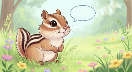 Illustration of a chipmunk sitting on the grass with speech bubbleの素材