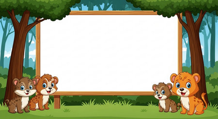 Border template with wild animals in the forest illustration. Cartoon style.の素材