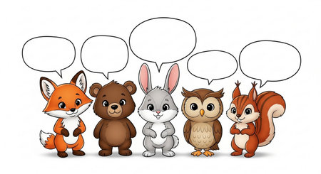 Cute cartoon animals with speech bubbles on white background. Vector illustration.の素材