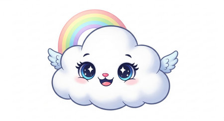 Cute kawaii cloud with wings and rainbow on white backgroundの素材