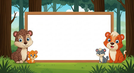 Border template with wild animals in the forest illustration. Cartoon style.の素材